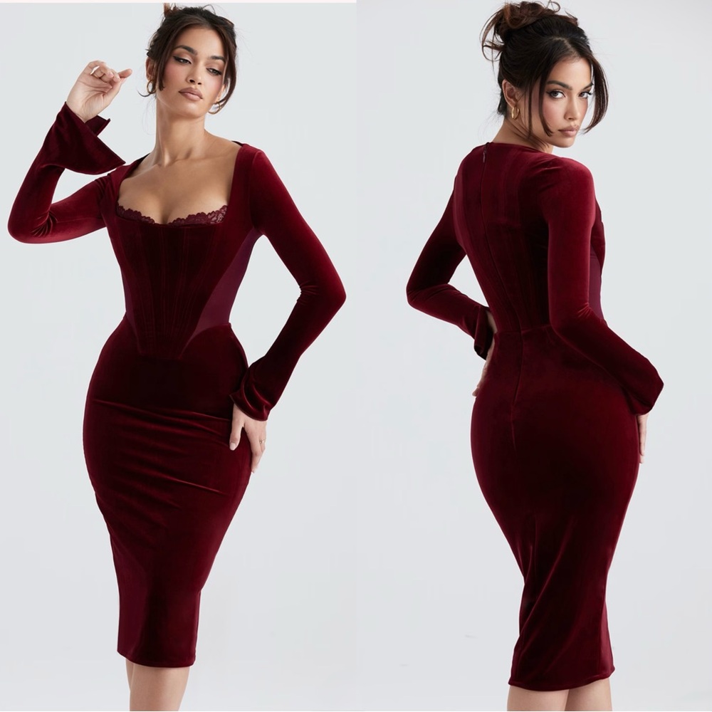 House of CB Solaine Wine Velvet Corset Dress - Picture 5 of 16